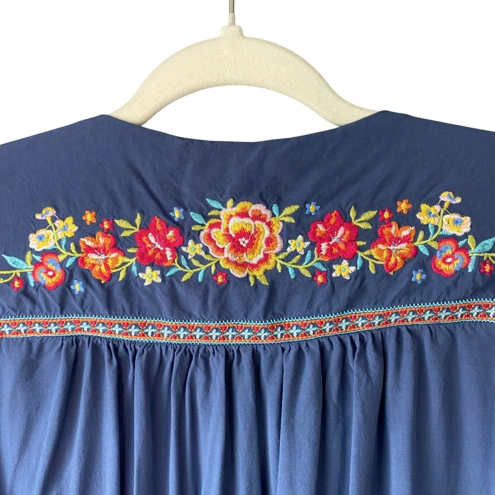 Savanna Jane Blue Floral Embroidered Boho Peasant Blouse Puff Sleeve Medium - Picture 8 of 12